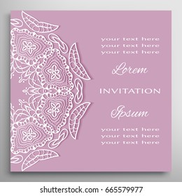 Wedding Invitation, Card template with mandala border element. Floral geometric lace pattern. Decorative abstract art background