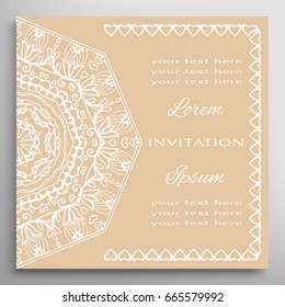 Wedding Invitation, Card template with mandala border element. Floral geometric lace pattern. Decorative abstract art background