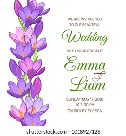 Wedding invitation card template. Marriage event save the date RSVP. Blooming spring purple violet crocus flowers. Floral garland vertical layout. Text placeholder. Vector design illustration.