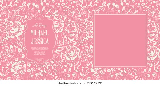 Wedding invitation card template. Marriage card template with custom names in square frame for personal text with spring flowers on the pink backdrop. Vector illustration.