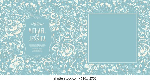 Wedding invitation card template. Marriage card template with custom names in square frame for personal text with exotic flowers on the blue backdrop. Vector illustration.