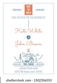 Wedding Invitation Card Template in minimal countryside farm house illustration