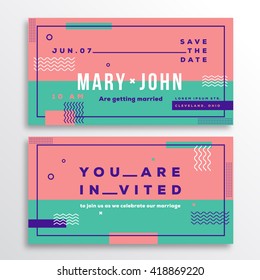 Wedding Invitation Card Template. Modern Abstract Flat Swiss Style Background with Decorative Stripes, Zig-Zags and Typography. Pink, Mint Colors. Isolated. Soft Realistic Shadows.