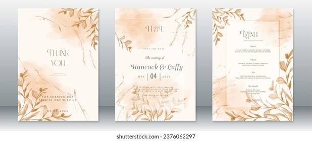 Wedding invitation card template nature leaf design with gold texture and watercolor background
