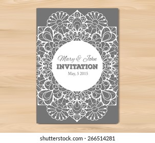 Wedding invitation, card template on a wooden background. Vintage lace design. EPS 10 vector. Free fonts used: Nexa Rust, Alex Brush, Crimson