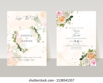 Wedding invitation card template with orange and white roses design