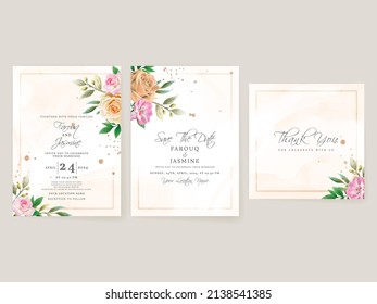 Plantilla de tarjeta de invitación de boda con diseño de rosas blancas y naranjas