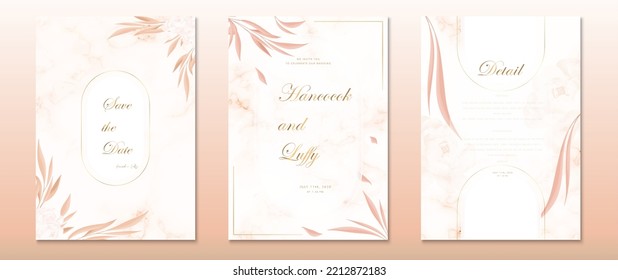 Wedding invitation card template orange background floral design luxury with gold frame and watercolor texture 
