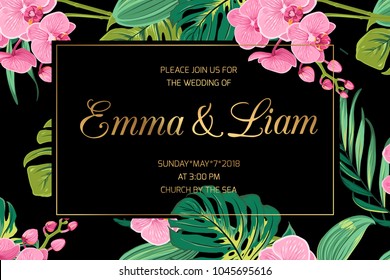 Wedding invitation card template. Pink orchid phalaenopsis flowers. Exotic tropical jungle bright green palm tree monstera leaves. Border frame dark black night background. Golden text placeholder.