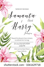 Wedding invitation card template with pink orchid, blooming flowers, blue eucalyptus leaves, fern. Boho vector in rustic elegant style. Beautiful spring wedding print.