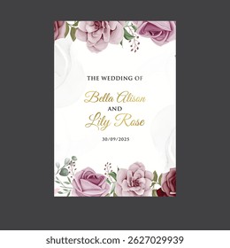 wedding invitation card template with pink and burgundy floral and leaves decoration