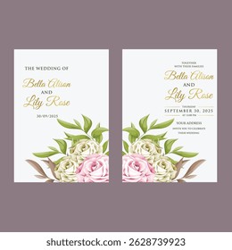 Plantilla de tarjeta de invitación de boda con rosa y melocotón floral y decoración de hojas con fondo blanco