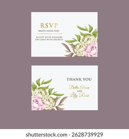 Plantilla de tarjeta de invitación de boda con rosa y melocotón floral y decoración de hojas con fondo blanco