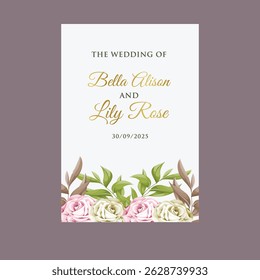 Plantilla de tarjeta de invitación de boda con rosa y melocotón floral y decoración de hojas con fondo blanco