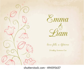 Wedding invitation card template with pink lily flowers and swirly leaves on vintage paper background.