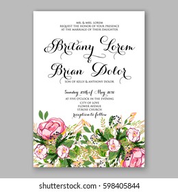 Wedding invitation card Template Pink rose Floral  Printable Gold Bridal Shower Invitation Suite Boho Flower wreath 