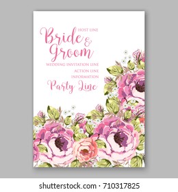 Wedding invitation card template with pink peony