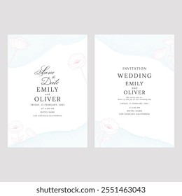 Wedding invitation card template with poppy flowers. Vector illustration.