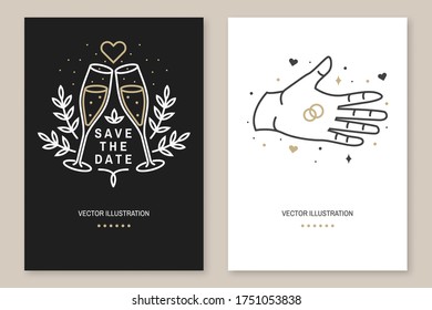 Wedding invitation card template, poster, flyer, template. Vector. Thin line geometric. Outline icon for save the date invitation card. Modern minimalist design with rings, champagne glass, leaf