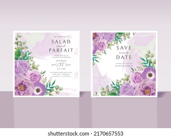 Wedding invitation card template with purple flowers