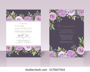 Wedding invitation card template with purple flowers