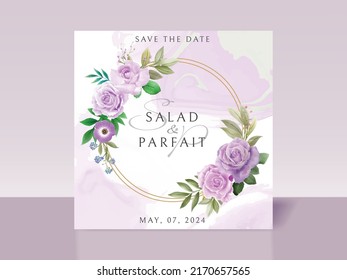 Wedding invitation card template with purple flowers