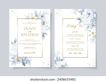 Wedding invitation card template with purple floral and leaves decoration