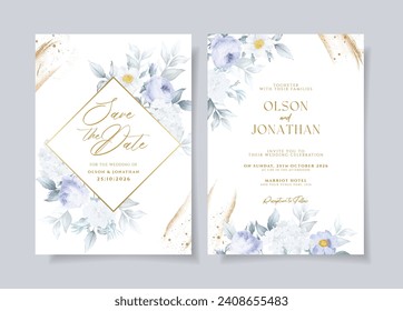 Wedding invitation card template with purple floral and leaves decoration