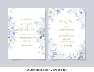 Wedding invitation card template with purple floral and leaves decoration