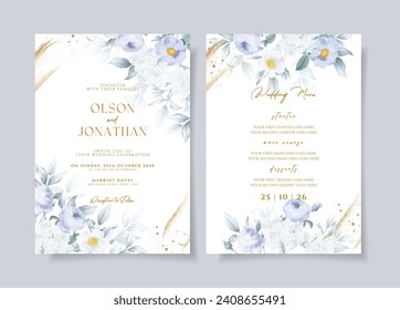 Wedding invitation card template with purple floral and leaves decoration