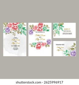 Wedding invitation card template with purple floral and leaves decoration and foliage  design card set design card