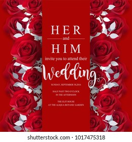 Wedding Invitation card template realistic beautiful red rose with paper art and craft style on red color.