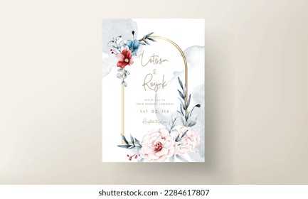 wedding invitation card template with red and blue flowers floral frame watercolor