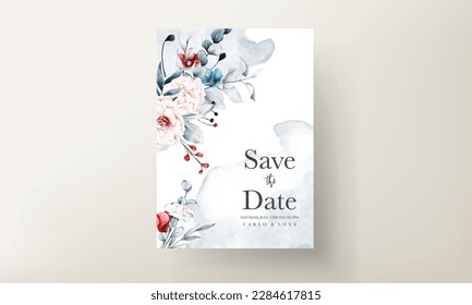 wedding invitation card template with red and blue flowers floral frame watercolor