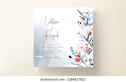 plantilla de tarjeta de invitación de boda con flores rojas y azules marco floral color de agua