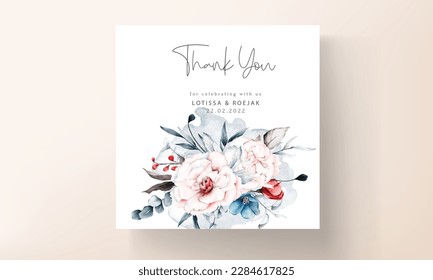 wedding invitation card template with red and blue flowers floral frame watercolor