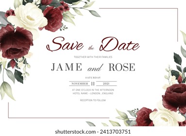 Wedding invitation card template with red and white rose watercolor and frame vector 