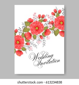  Wedding invitation card template red peony anemone