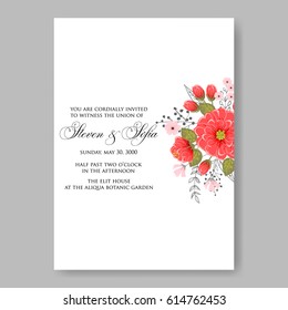  Wedding invitation card template red peony anemone