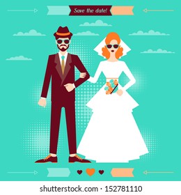 Wedding invitation card template in retro style.