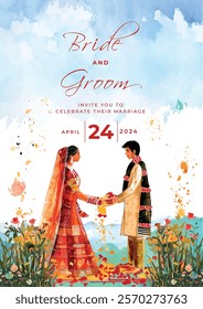 wedding invitation card template with romantic floral watercolor, atercolor. Abstract art background vector design for wedding and vip cover template.