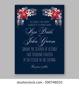 Wedding invitation card template with romantic winter wreath of poinsettia flowers, pine and fir branch Christmas party invitation poster template with romantic winter wreath on blue background