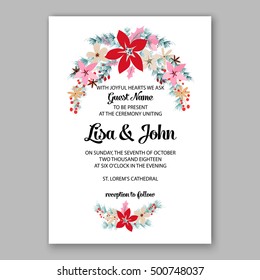 Wedding invitation card template with romantic winter wreath of poinsettia flowers, pine and fir branch Christmas party invitation poster template with romantic winter wreath on blue background