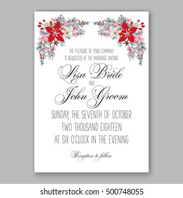Wedding invitation card template with romantic winter wreath of poinsettia flowers, pine and fir branch Christmas party invitation poster template with romantic winter wreath on blue background