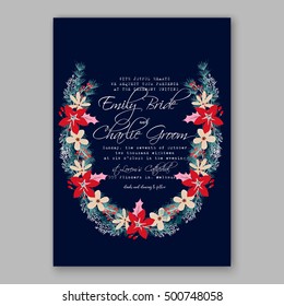 Wedding invitation card template with romantic winter wreath of poinsettia flowers, pine and fir branch Christmas party invitation poster template with romantic winter wreath on blue background