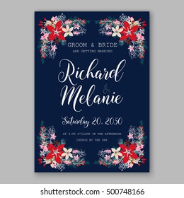 Wedding invitation card template with romantic winter wreath of poinsettia flowers, pine and fir branch Christmas party invitation poster template with romantic winter wreath on blue background