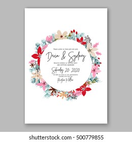 Wedding invitation card template with romantic winter wreath of poinsettia flowers, pine and fir branch