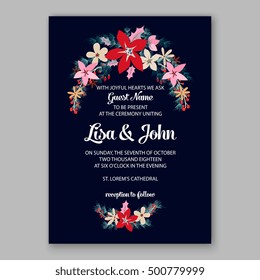 Wedding invitation card template with romantic winter wreath of poinsettia flowers, pine and fir branch