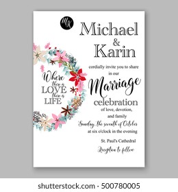 Wedding invitation card template with romantic winter wreath of poinsettia flowers, pine and fir branch