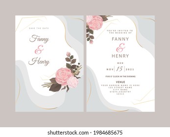 Wedding Invitation Card Template With Rose Flowers In Double-Side.